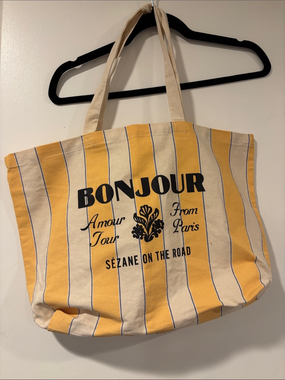 Yellow Striped 'Bonjour' Canvas Tote Bag